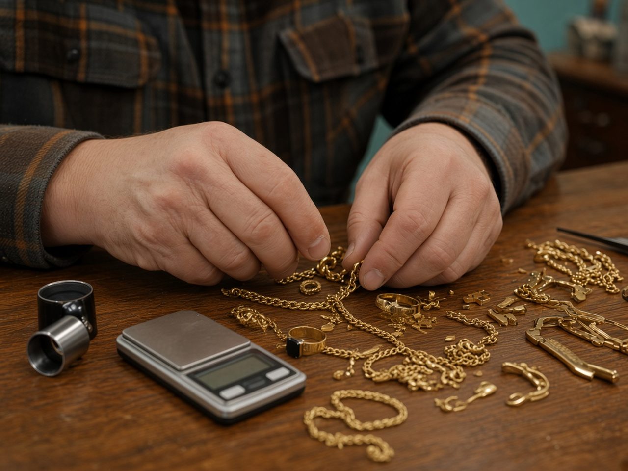 Hands sorting gold jewelry on the counter beside a jeweler scale
